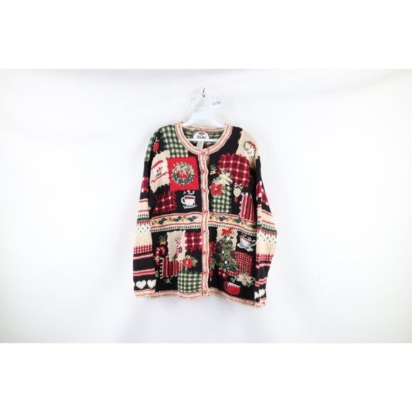 Vintage Y2K 2000 Womens Small Checkered Christmas Knit Button Cardigan Sweater - Picture 1 of 10